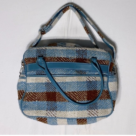 Vintage Blue Brown Cream Plaid Travel Bag With Shoulder Strap - Picture 1 of 15